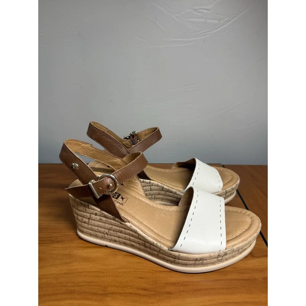 Pikolinos Mykonos Wedge Sandal Leather‎ Brown White Neutral Comfort Spain 38/7.5